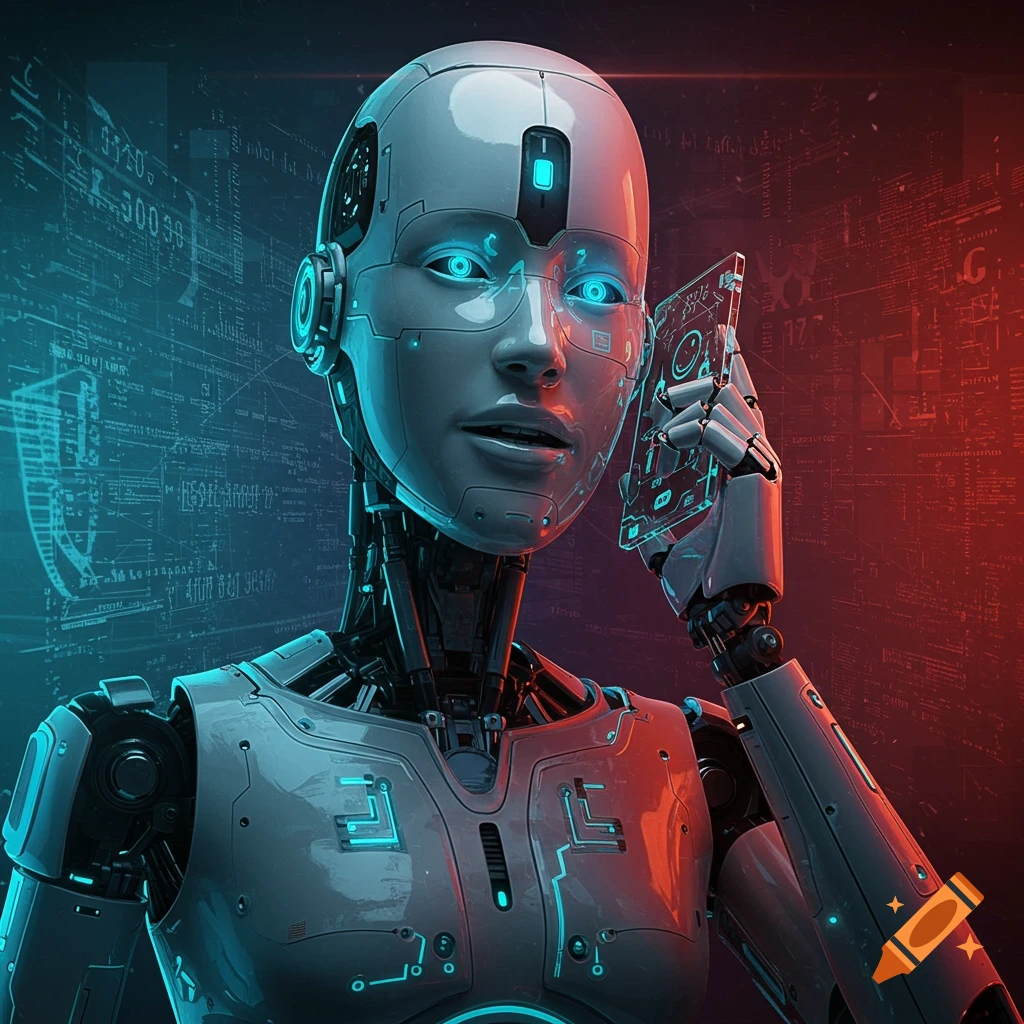 White robot holding a transparent smartphone, against a futuristic background with blue and red lighting.