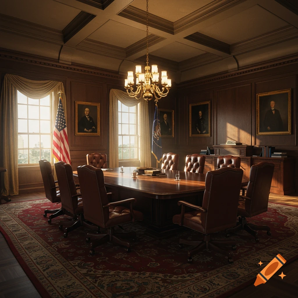Grand wood-paneled conference room with large table, leather chairs, flags, portraits, and windows, photorealistic style.