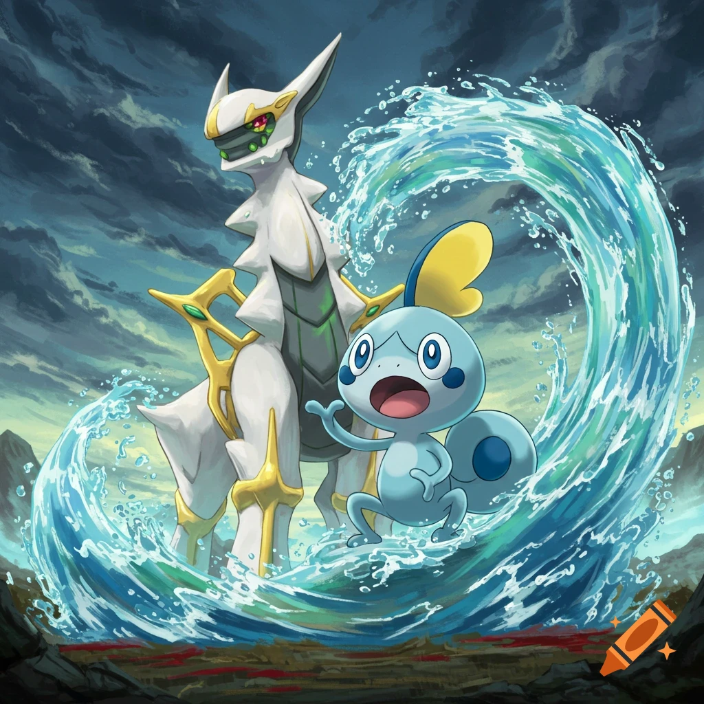 Illustration of Arceus and Sobble with a large wave of water around them in a stormy environment.
