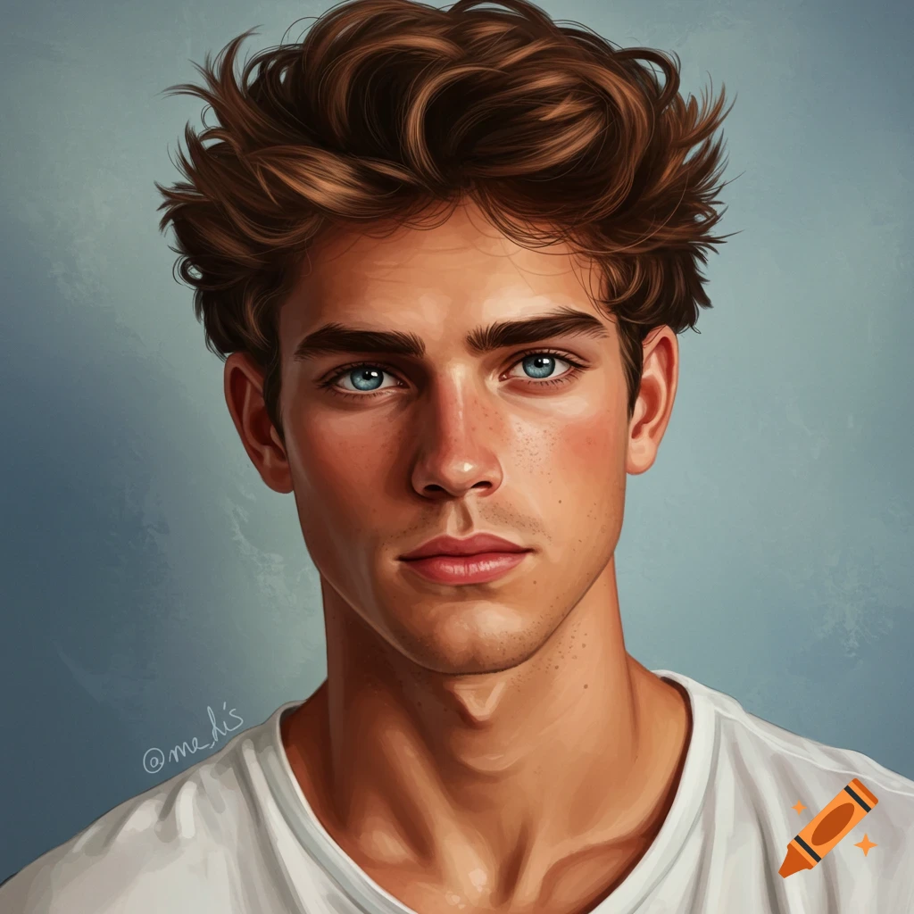 Portrait of a young man with brown hair, blue eyes, and freckles.