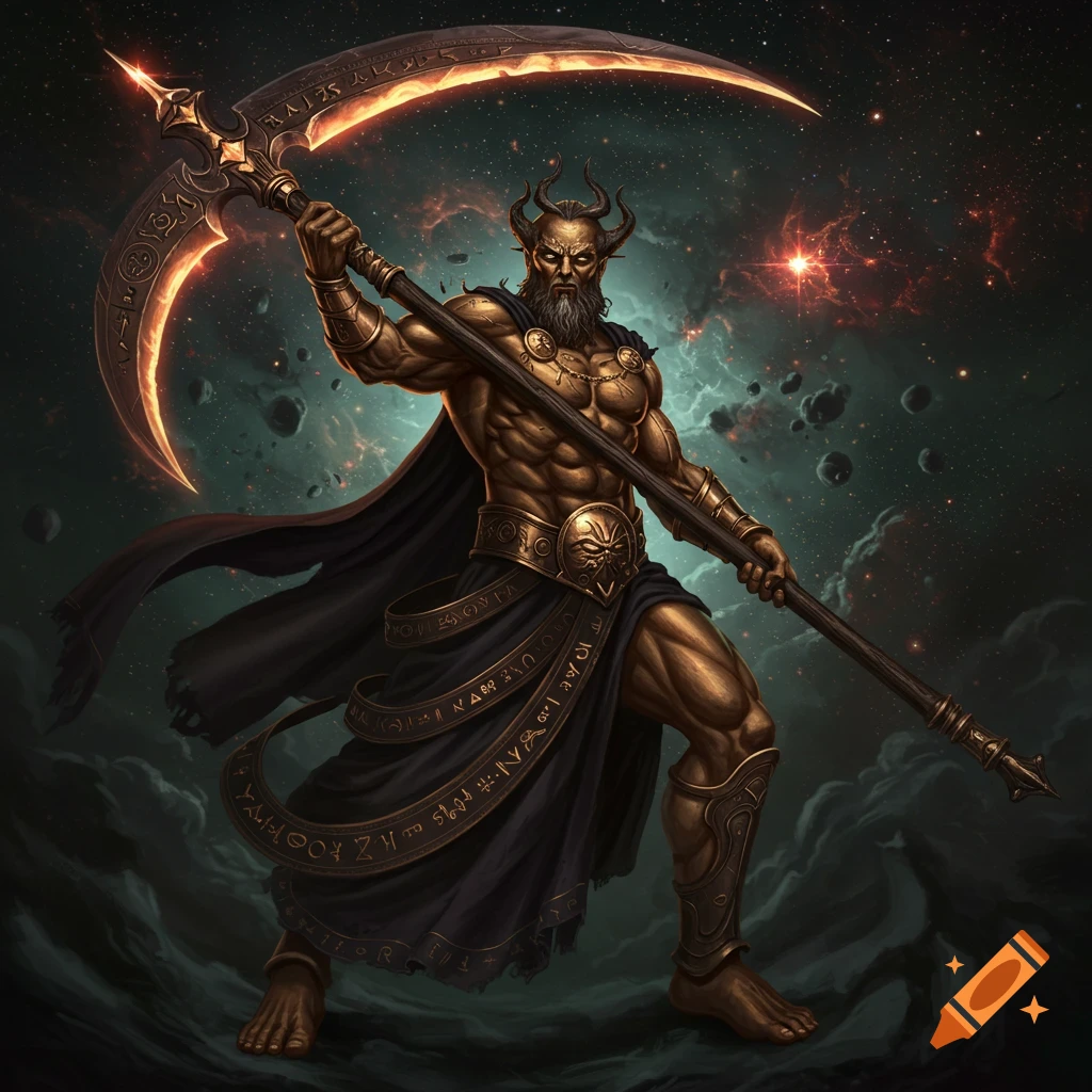 A powerful horned figure holding a large scythe stands against a cosmic background with asteroids.