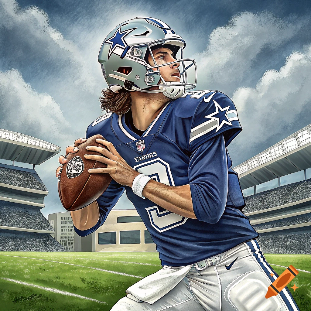 Illustration of a football player in a blue and silver uniform holding a football in a stadium.