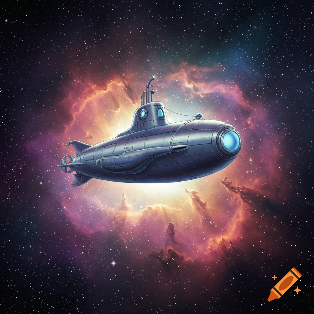 A stylized submarine floats in space surrounded by a colorful nebula.