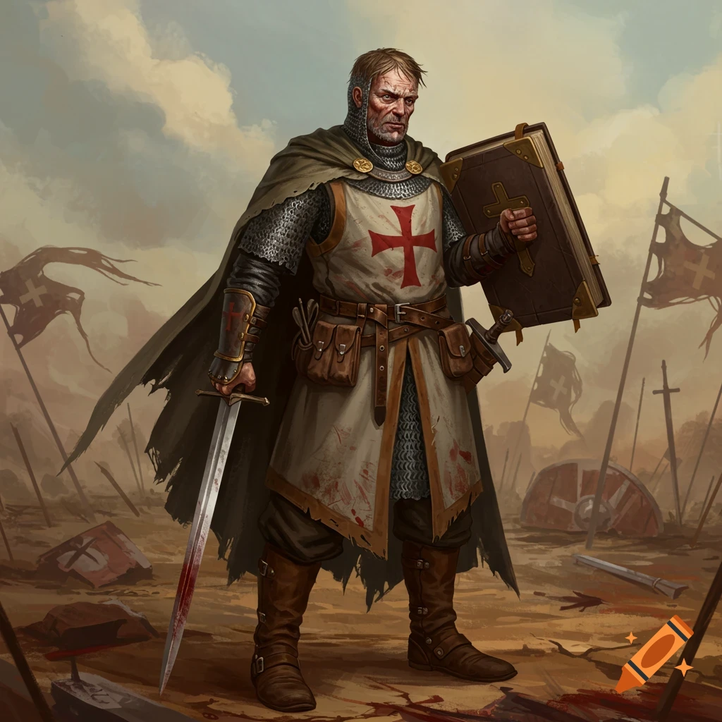 A crusader in armor and cloak stands on a bloody battlefield, holding a bloody sword and a large book like a shield.