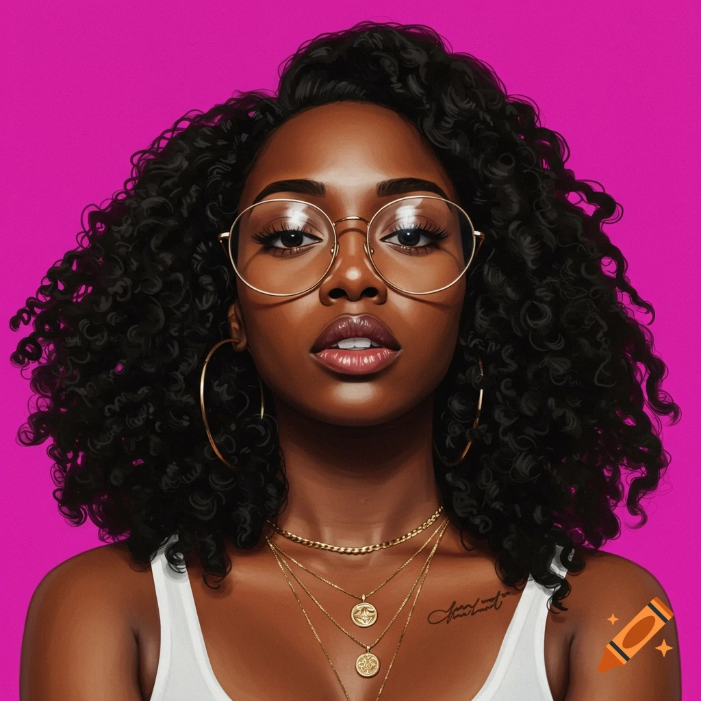 Digital portrait of a Black woman with curly hair, large round glasses, gold jewelry, and a white tank top.