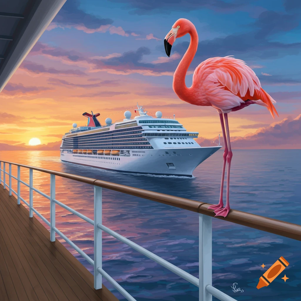 A pink flamingo stands on the railing of a cruise ship sailing at sunset. Illustration.