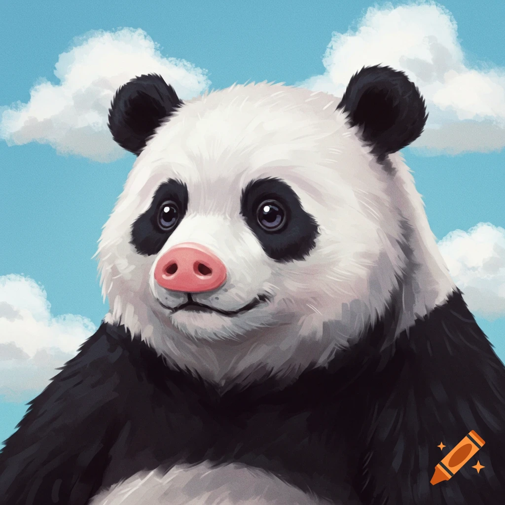 Illustration of a panda with a pink pig nose looking slightly upwards against a cloudy blue sky.