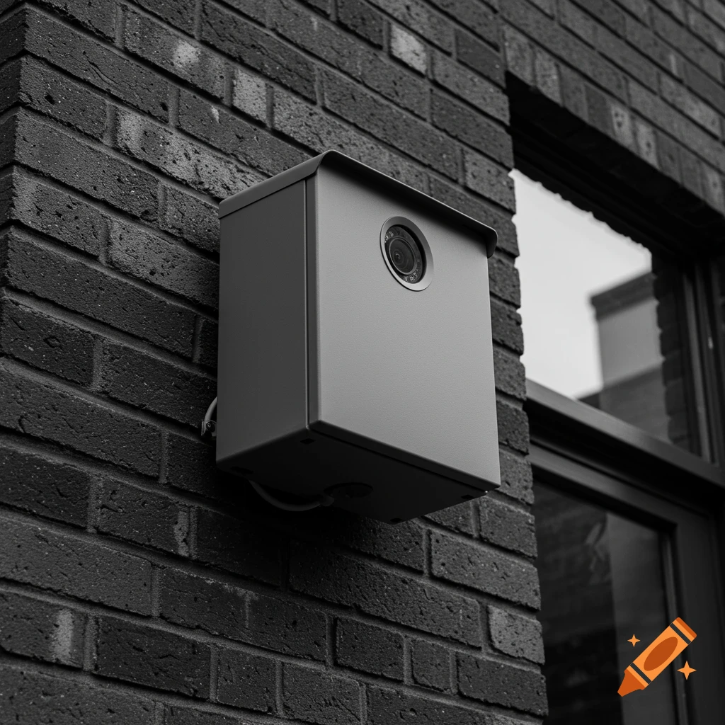A gray security camera box mounted on a dark brick wall next to a window.
