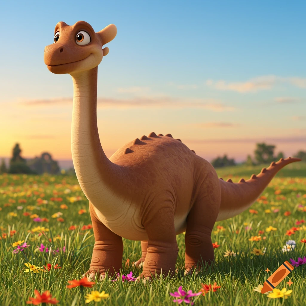 A cartoon apatosaurus stands in a field of wildflowers at sunset.