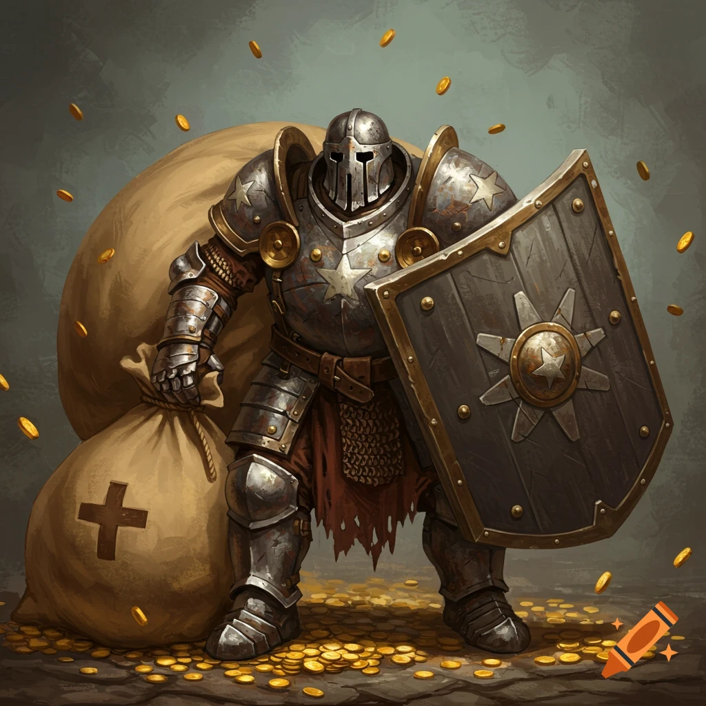 A heavily armored warrior carries large sacks of gold coins as coins scatter around.