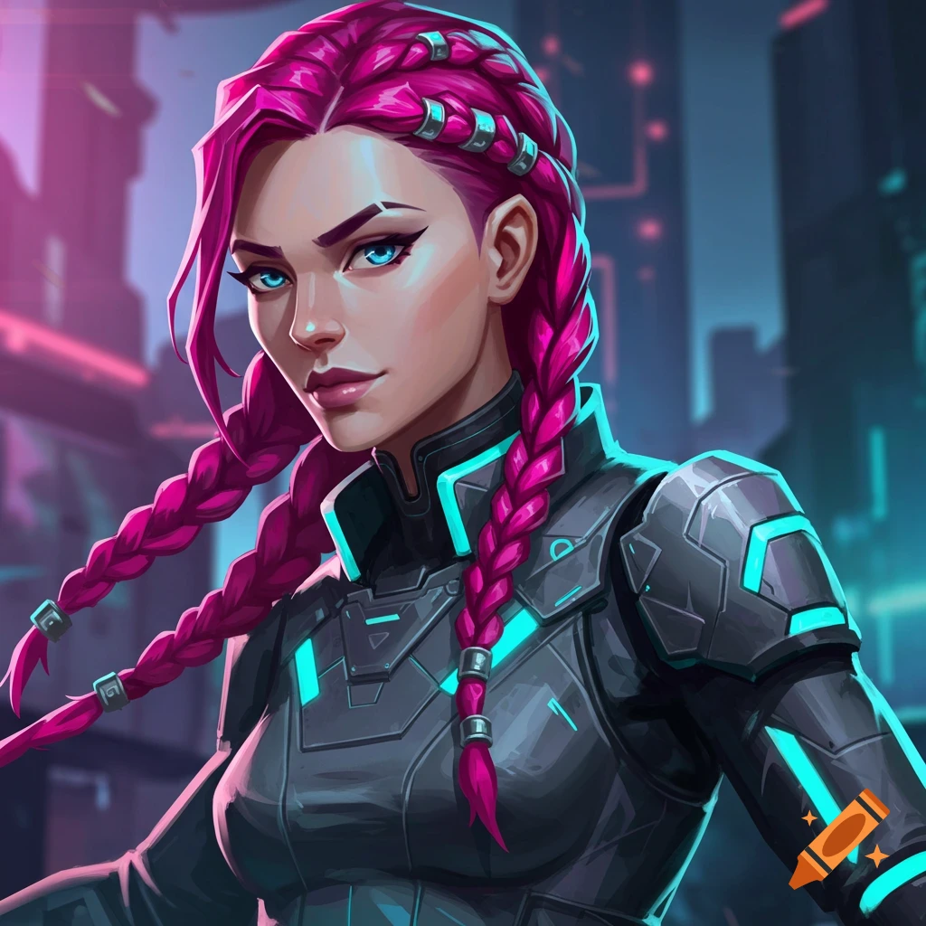 Woman with pink braids in futuristic armor in a cyberpunk city.