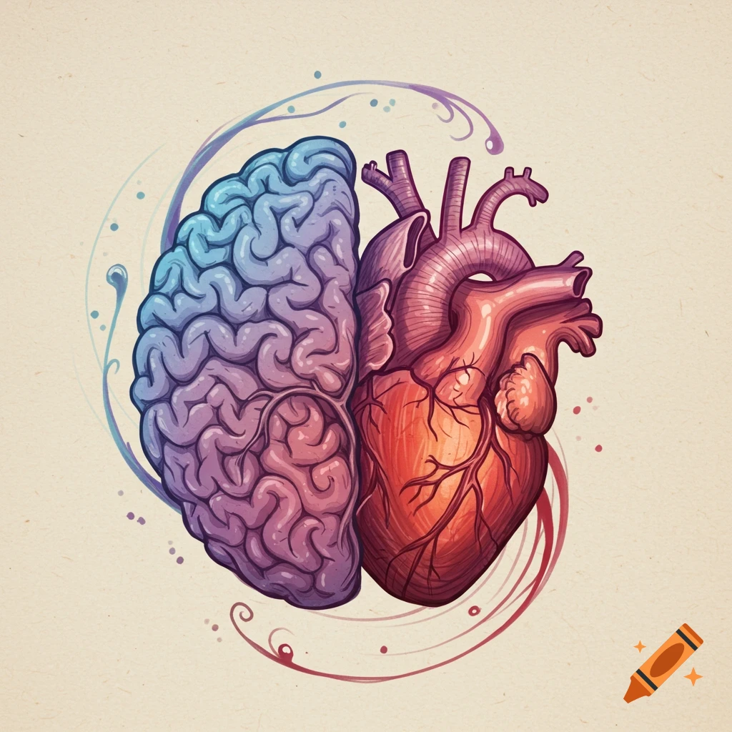 Stylized illustration of a brain and heart side-by-side, surrounded by swirling lines.