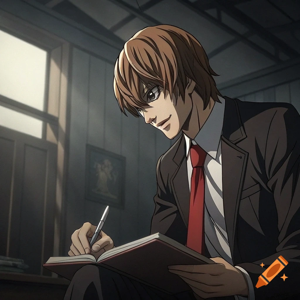 An anime character resembling Light Yagami writing in a notebook