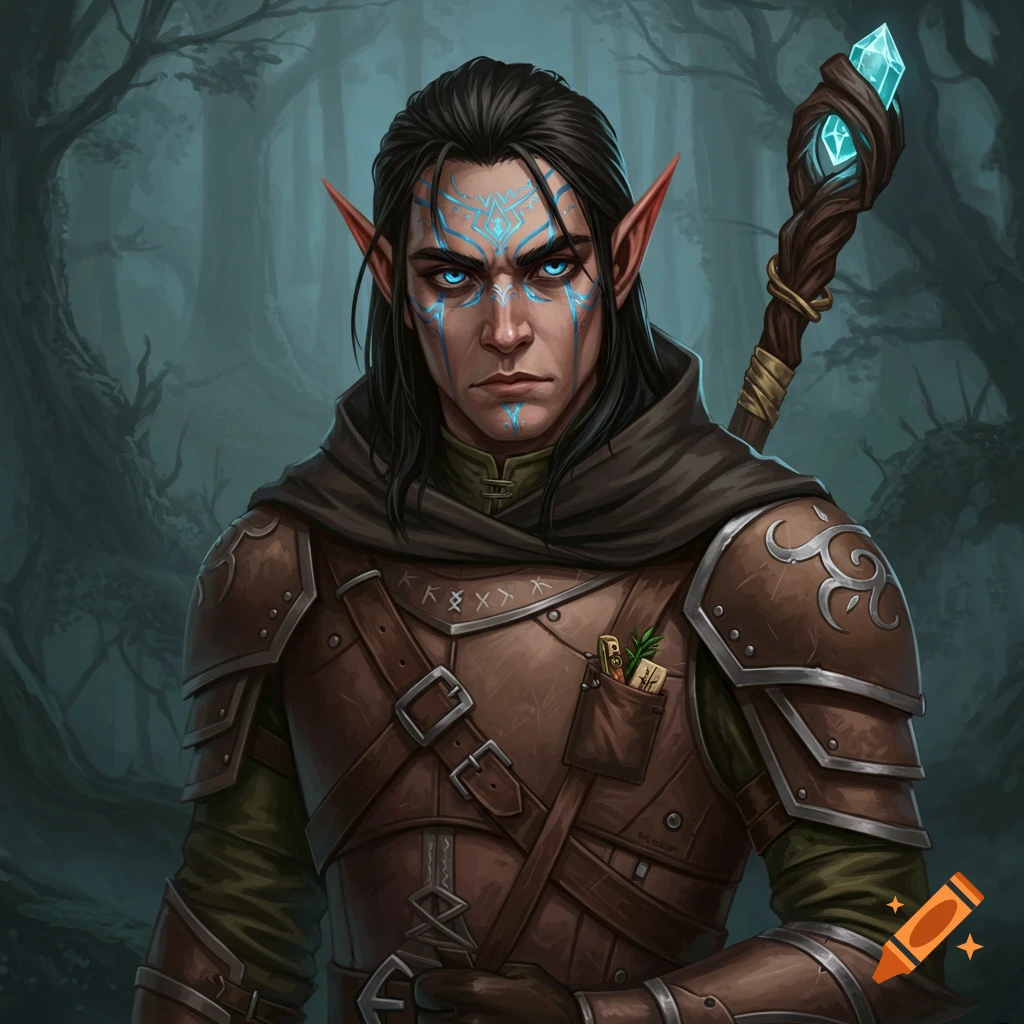 Portrait of a fantasy elf character with blue facial markings and pointed ears, wearing leather armor, holding a staff, in a dark forest.
