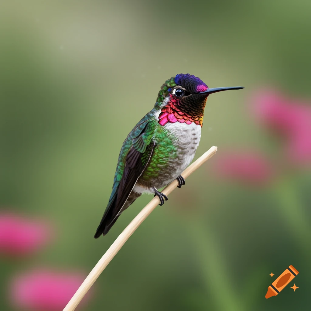 A colorful hummingbird perched on a stick