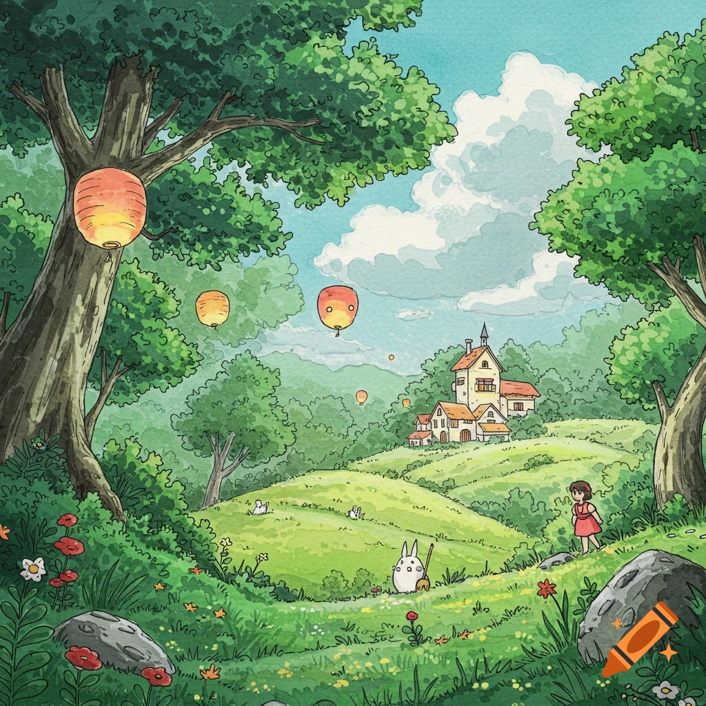 A watercolor illustration in Ghibli style of a green hillside with a house, trees, a girl, a creature, and floating lanterns under a cloudy sky.