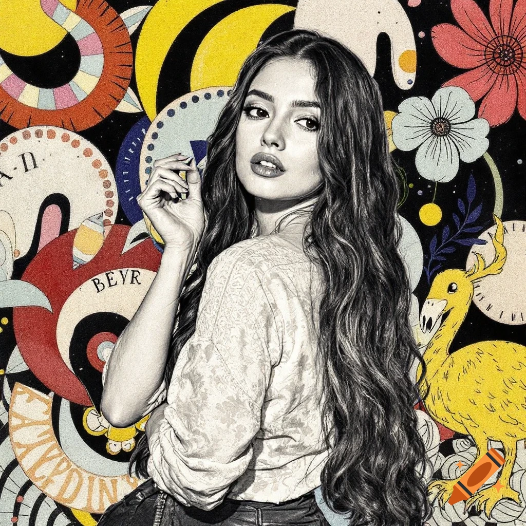 Portrait of a woman with long dark hair over a colorful, abstract background featuring illustrations and text.