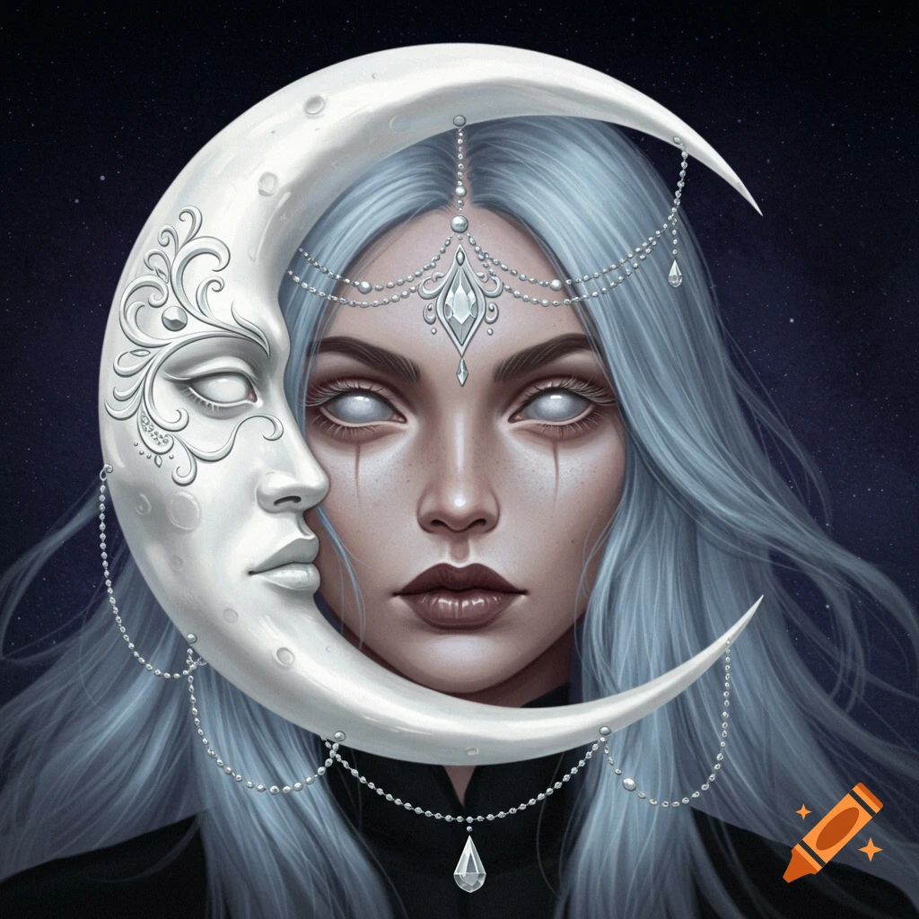 Fantasy portrait of a woman with blue hair, white eyes, and a crescent moon mask and jewelry against a starry sky.