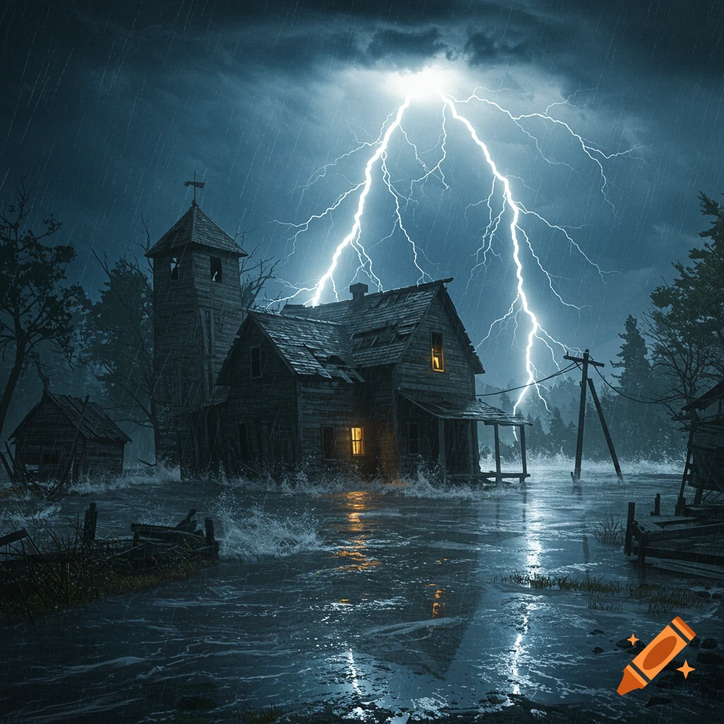 Run-down farmhouse flooded by torrential rain during a thunderstorm with lightning.