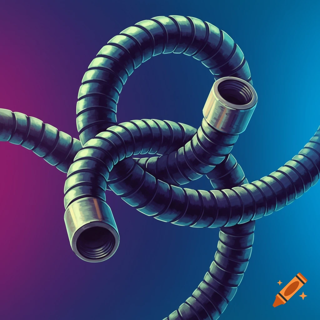 Three dark flexible hoses with metallic ends are intertwined against a gradient background.