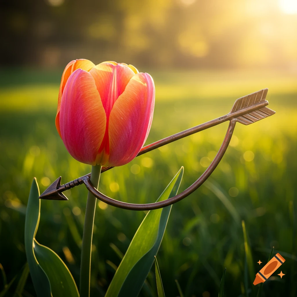 Close-up of a pink and orange tulip with a metallic arrow through its stem in a sunny field.