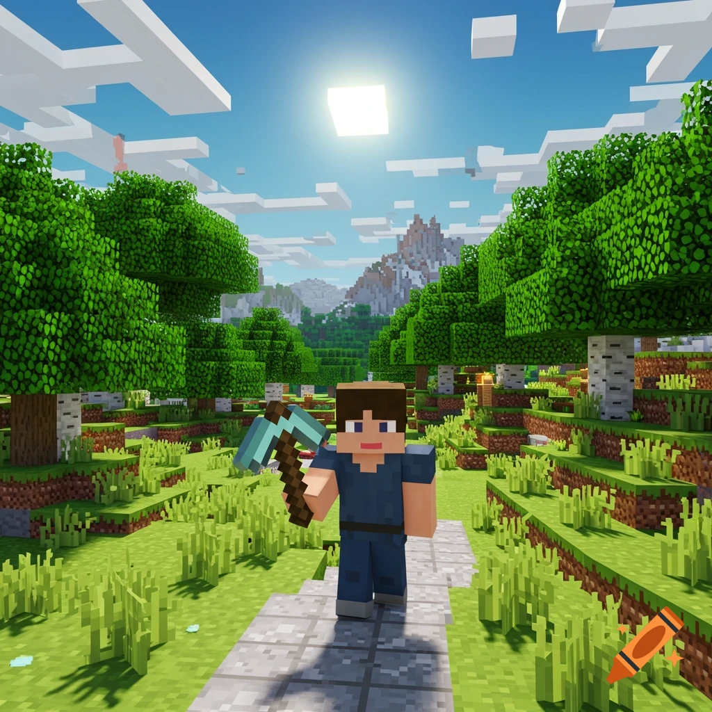 A blocky Minecraft character holding a pickaxe stands on a path in a sunny, blocky landscape with trees and mountains.