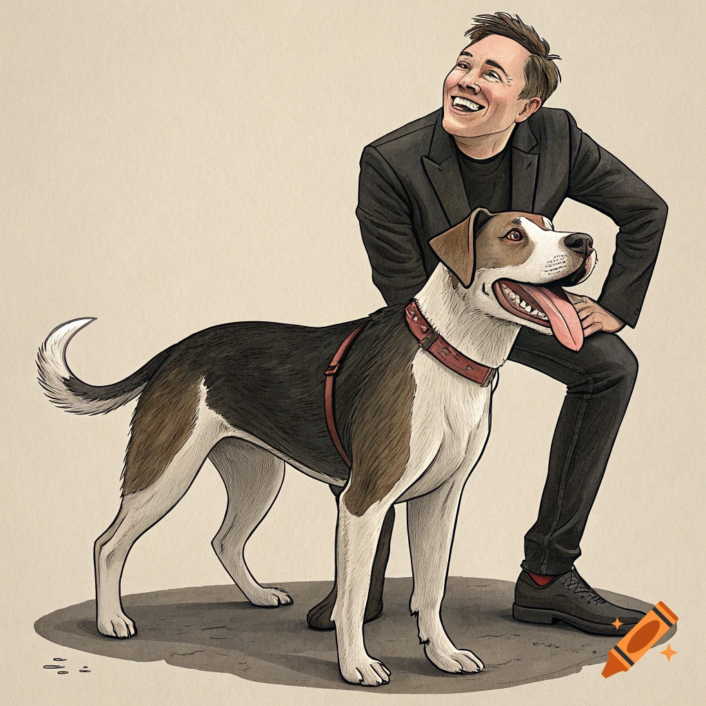 Illustration of a man kneeling next to a dog, both looking upwards.