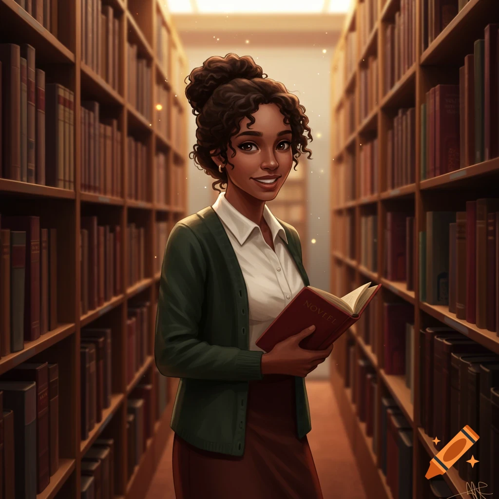 An illustration of a black woman librarian holding a book in a library.