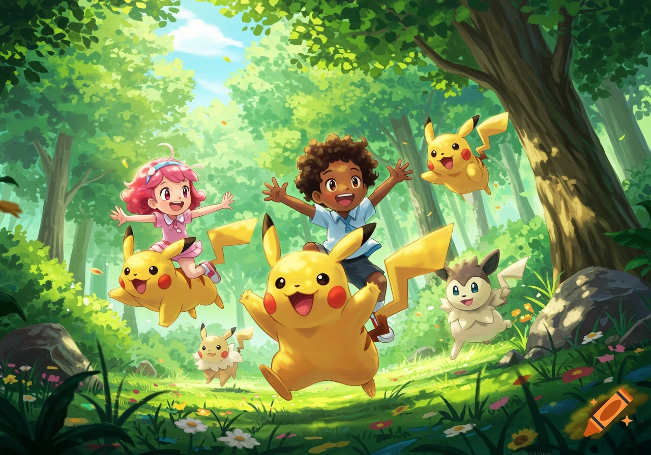 Children ride Pikachu in a forest with other Pokemon in an anime style illustration.