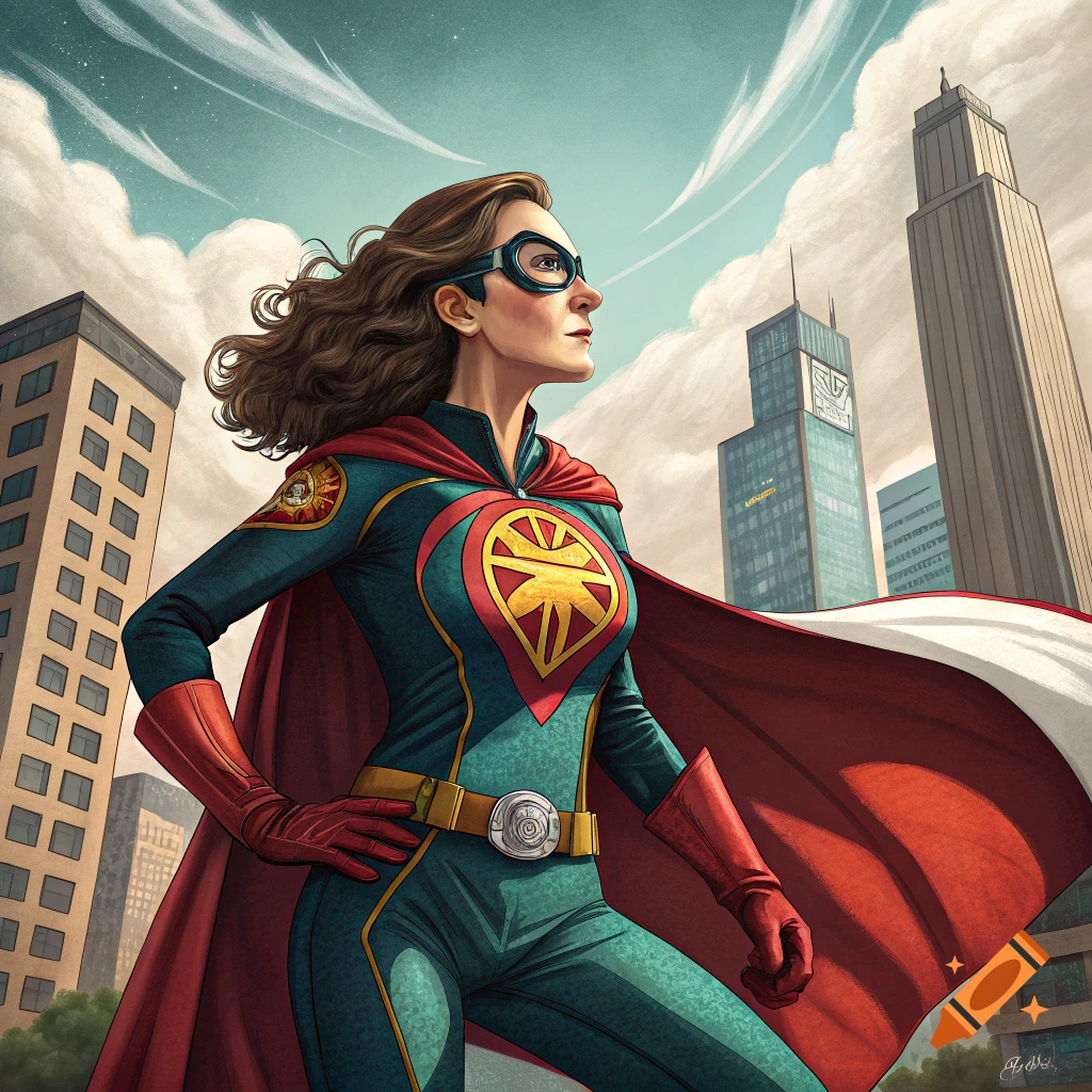 A female superhero stands in a city looking towards the sky in a comic art style.