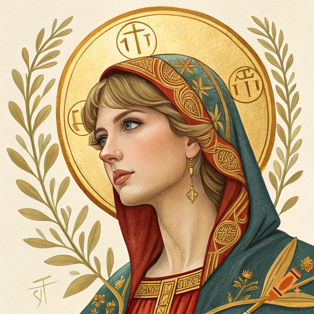 A portrait of a woman resembling Taylor Swift, depicted in the style of Greek Orthodox iconography with a halo and decorative robe.