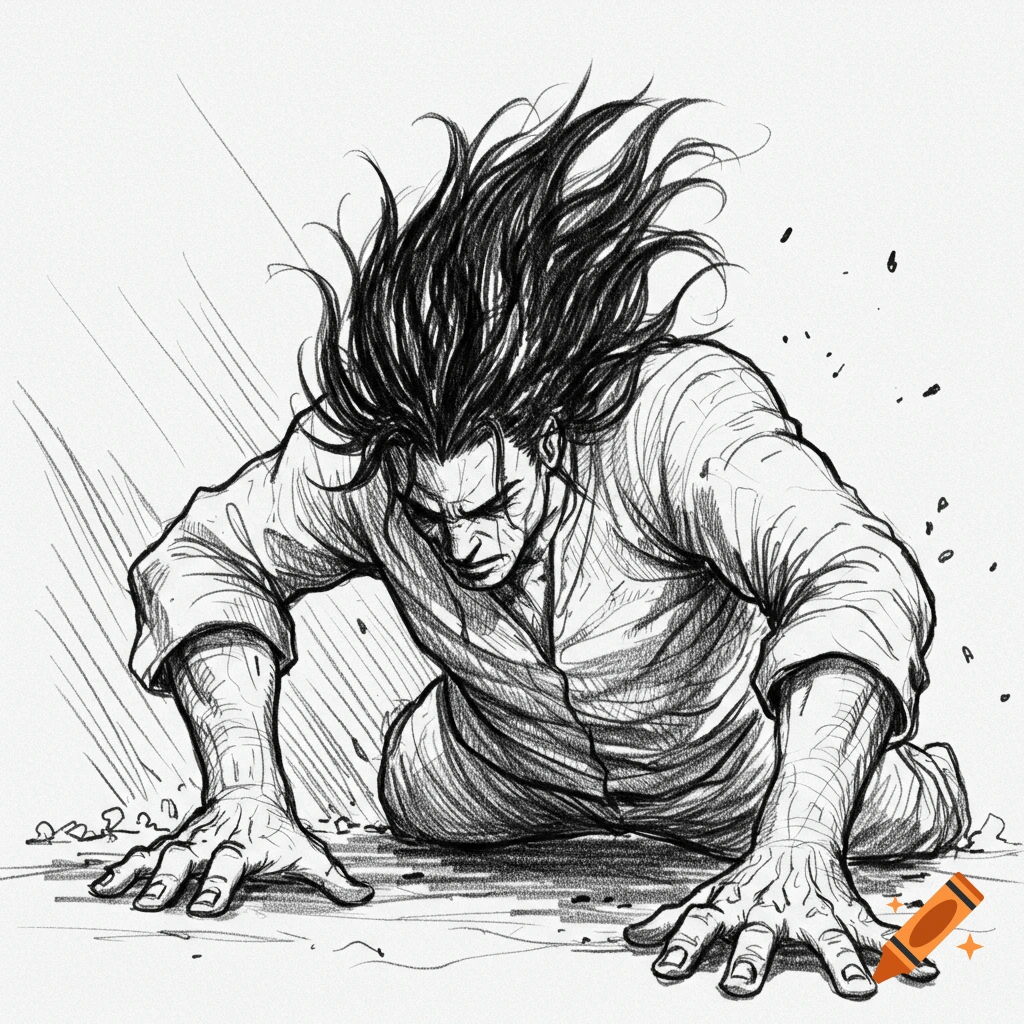 Dramatic pencil sketch of a man with long hair pushing up from the ground.