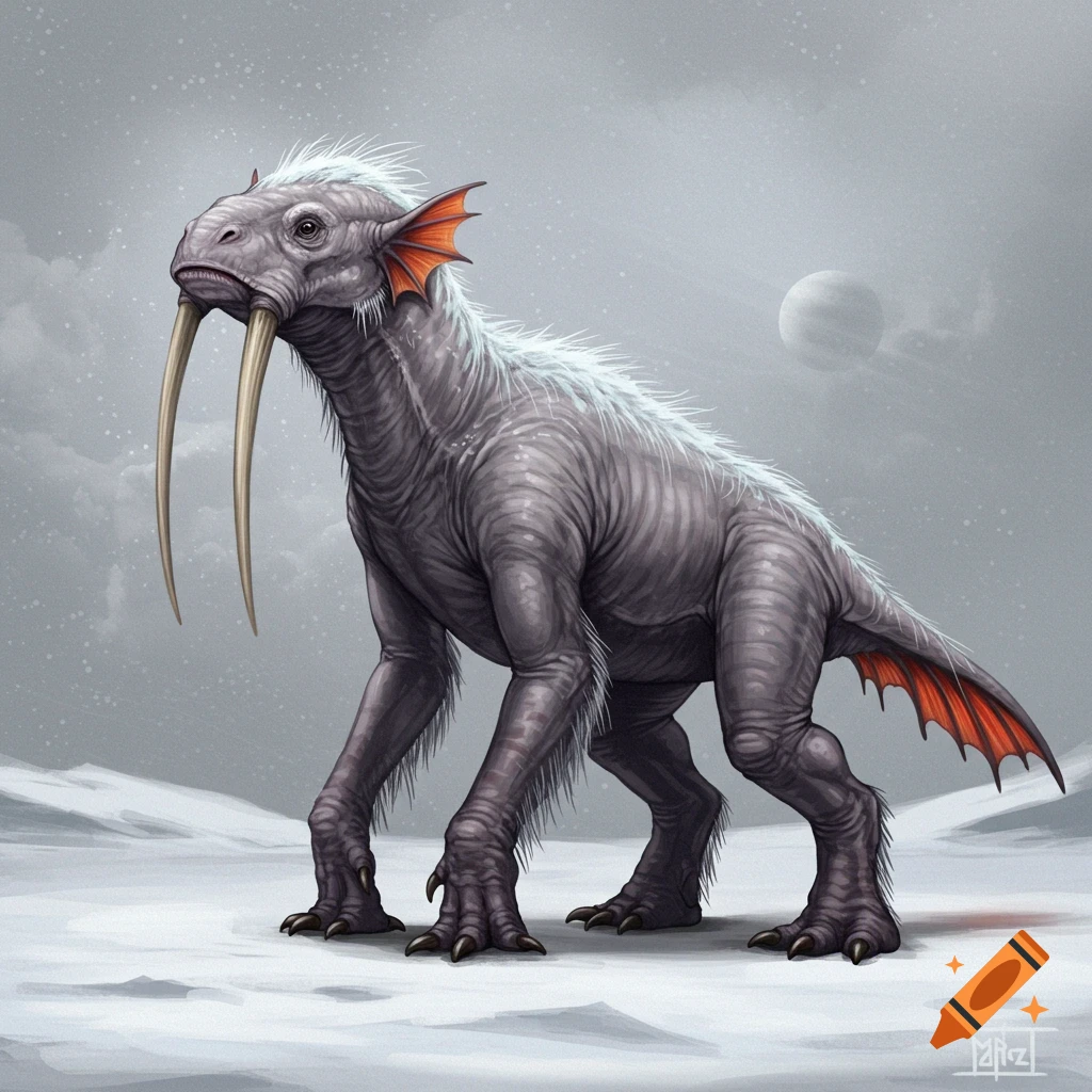 A fantasy creature with tusks, fins, and fur stands in a snowy landscape.