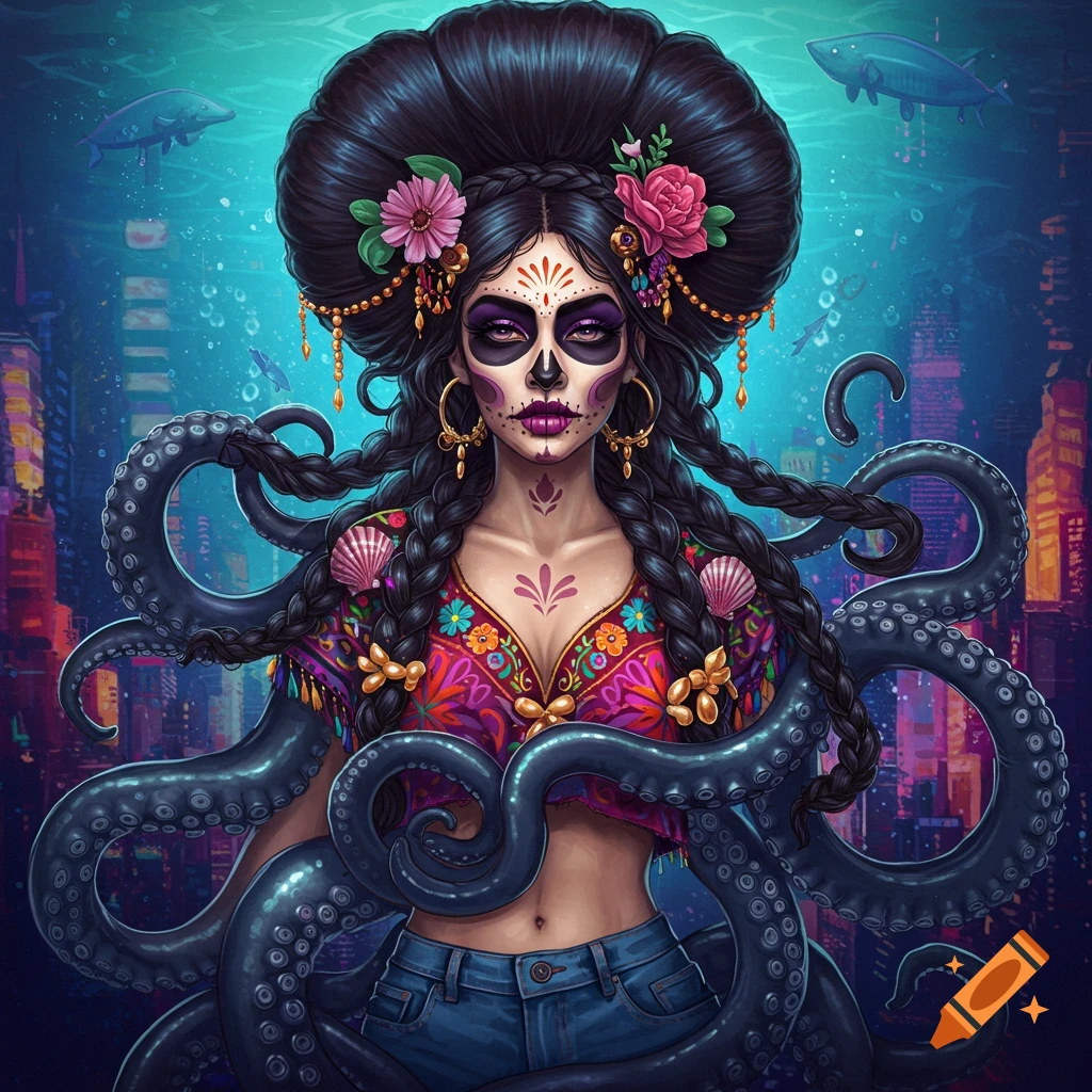 Woman with Day of the Dead makeup and octopus tentacles in an underwater city
