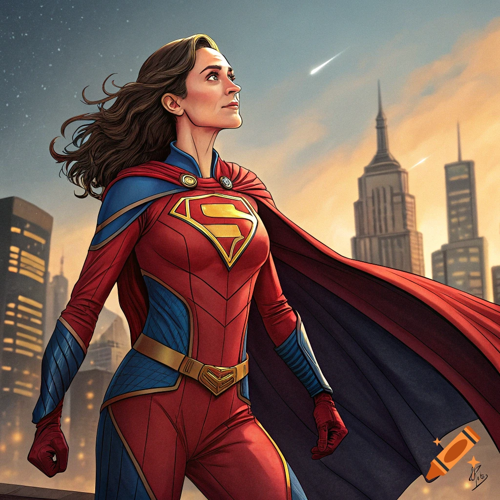A female superhero in a red and blue costume and cape stands on a rooftop overlooking a city skyline.