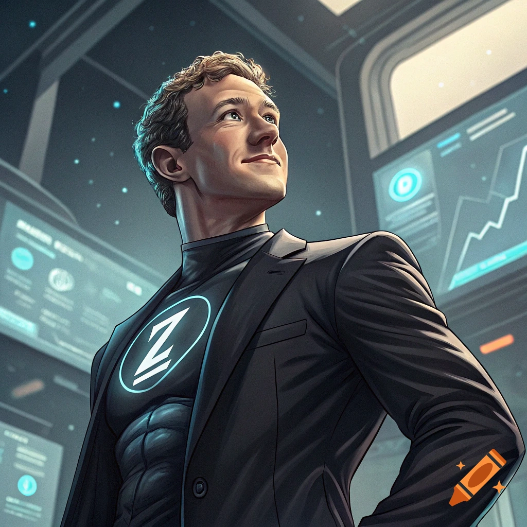 Stylized illustration of a man resembling Mark Zuckerberg in a suit and superhero top, standing in a futuristic tech environment.