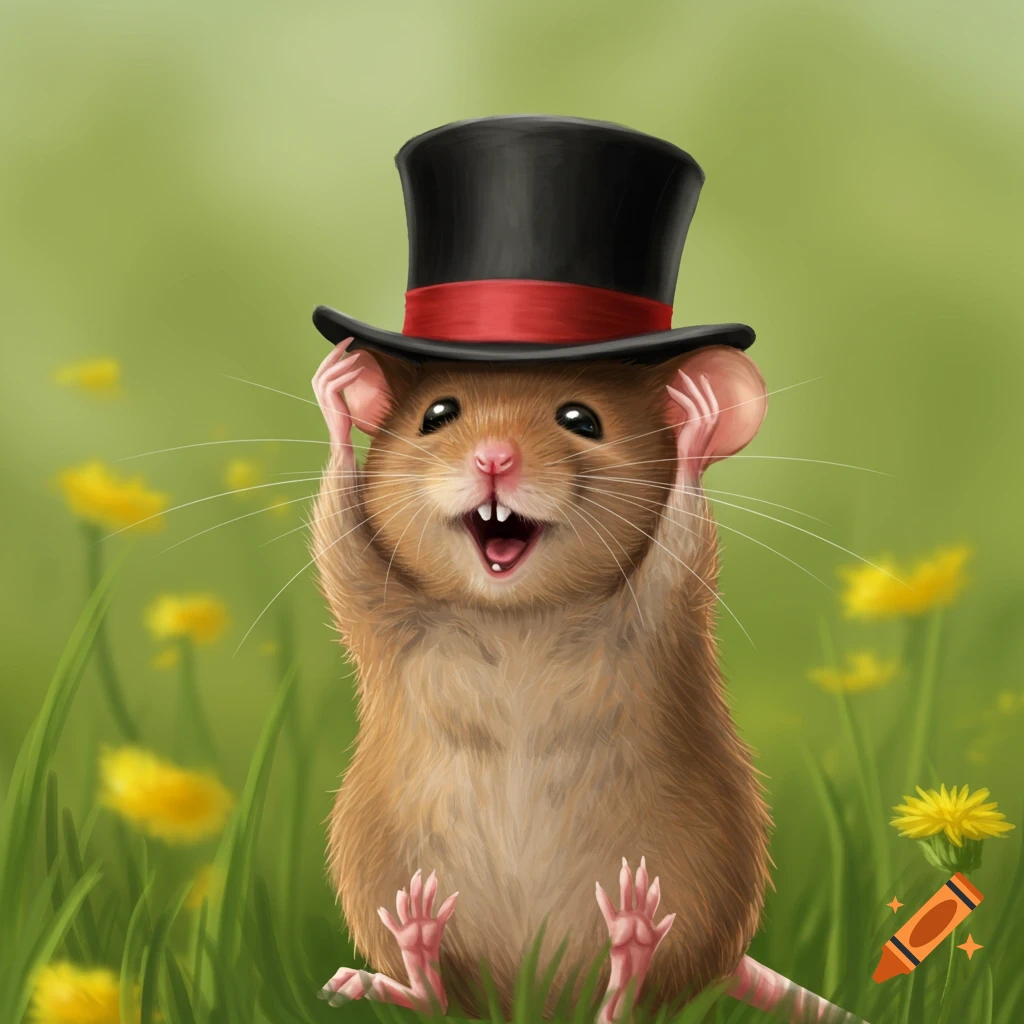 A cute mouse in a top hat sits in a field of dandelions