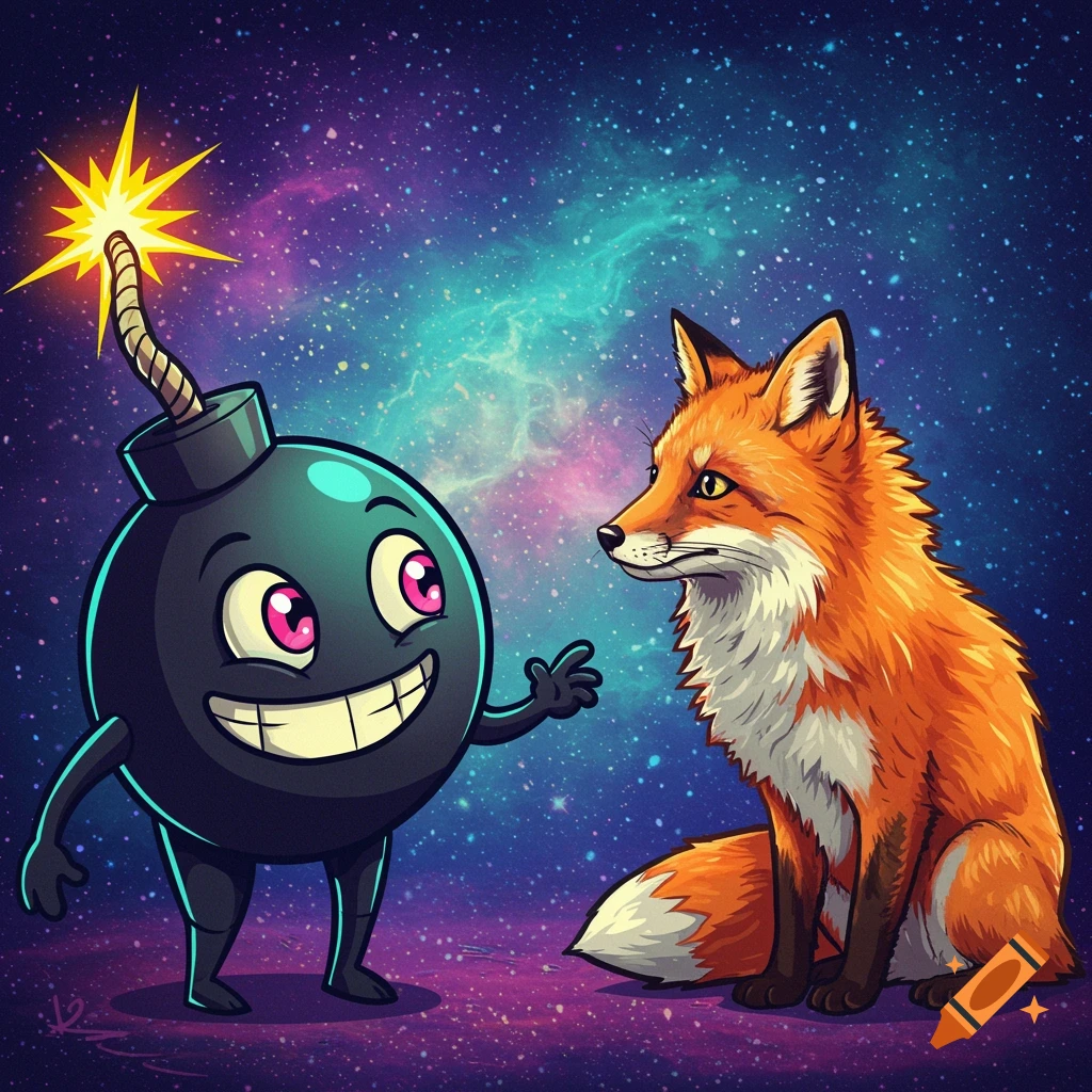 Cartoon bomb character and a fox in space