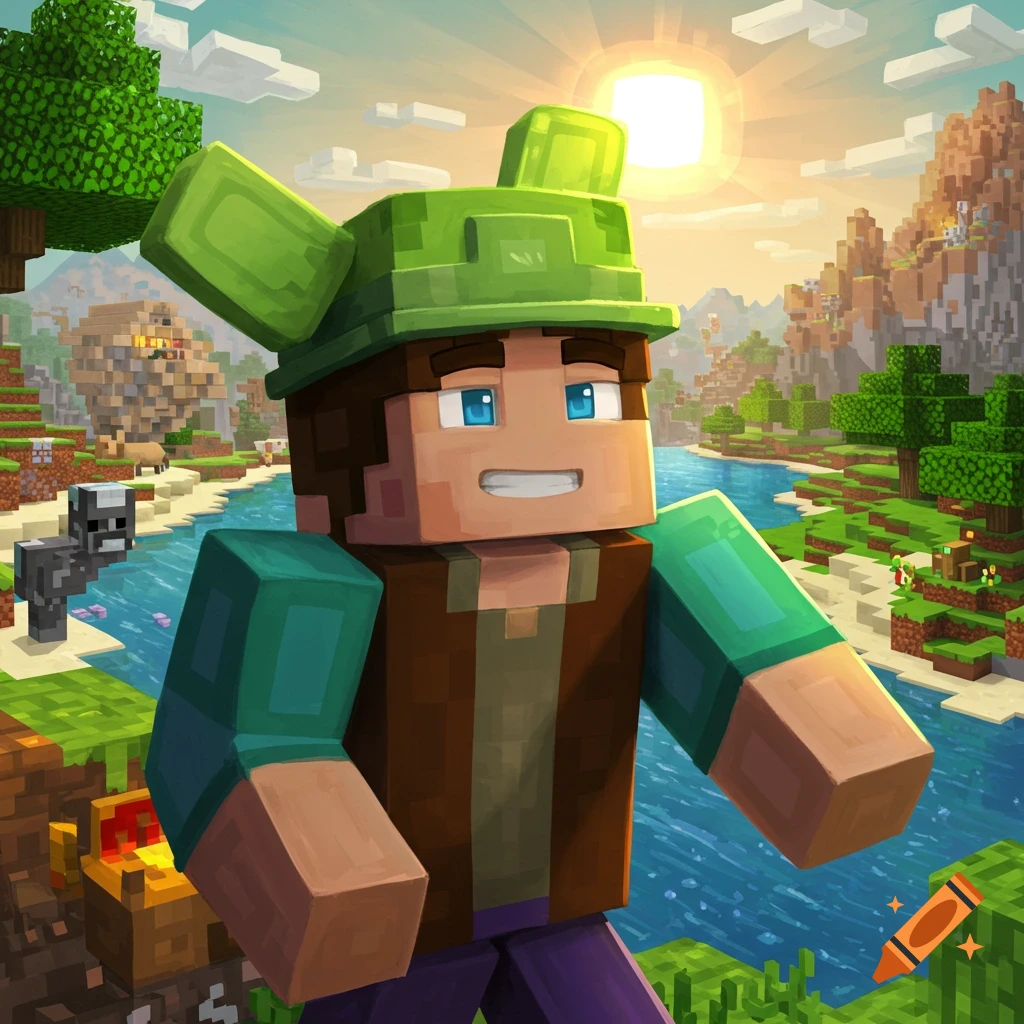 A blocky character wearing a green hat smiles in a bright Minecraft landscape with a river.