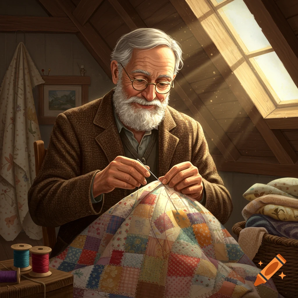 An old man with a beard and glasses sewing a patchwork quilt in a sunlit attic workshop.
