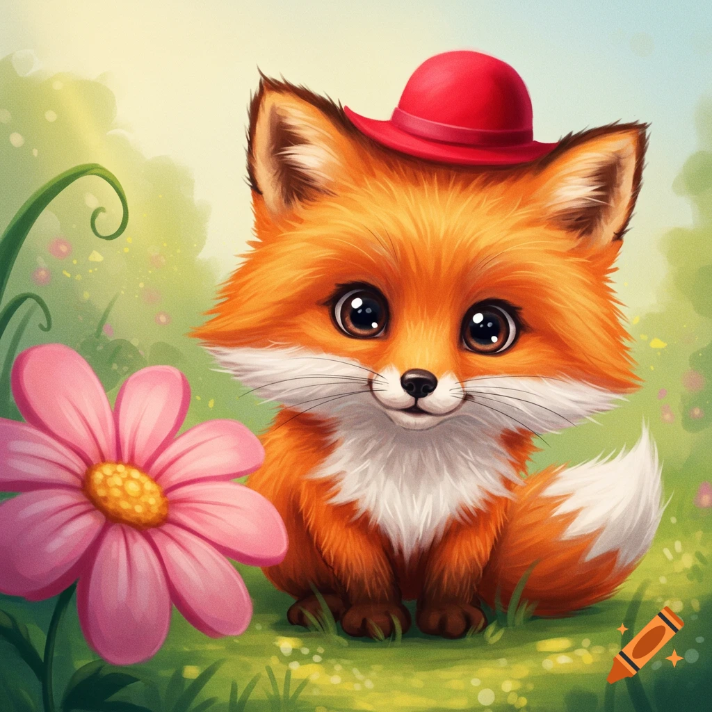 A cute cartoon fox wearing a red hat sits in a field with a pink flower.