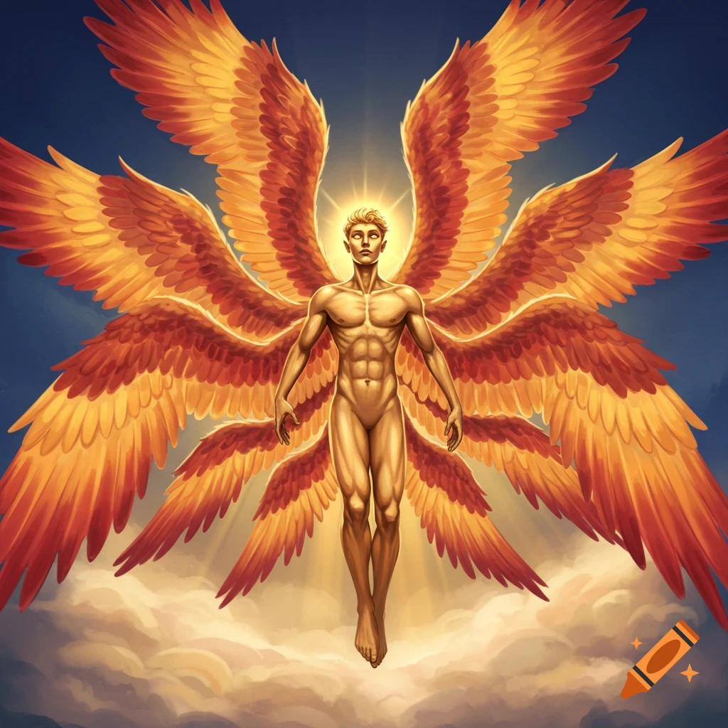 A golden figure with multiple fiery wings floats in the sky.
