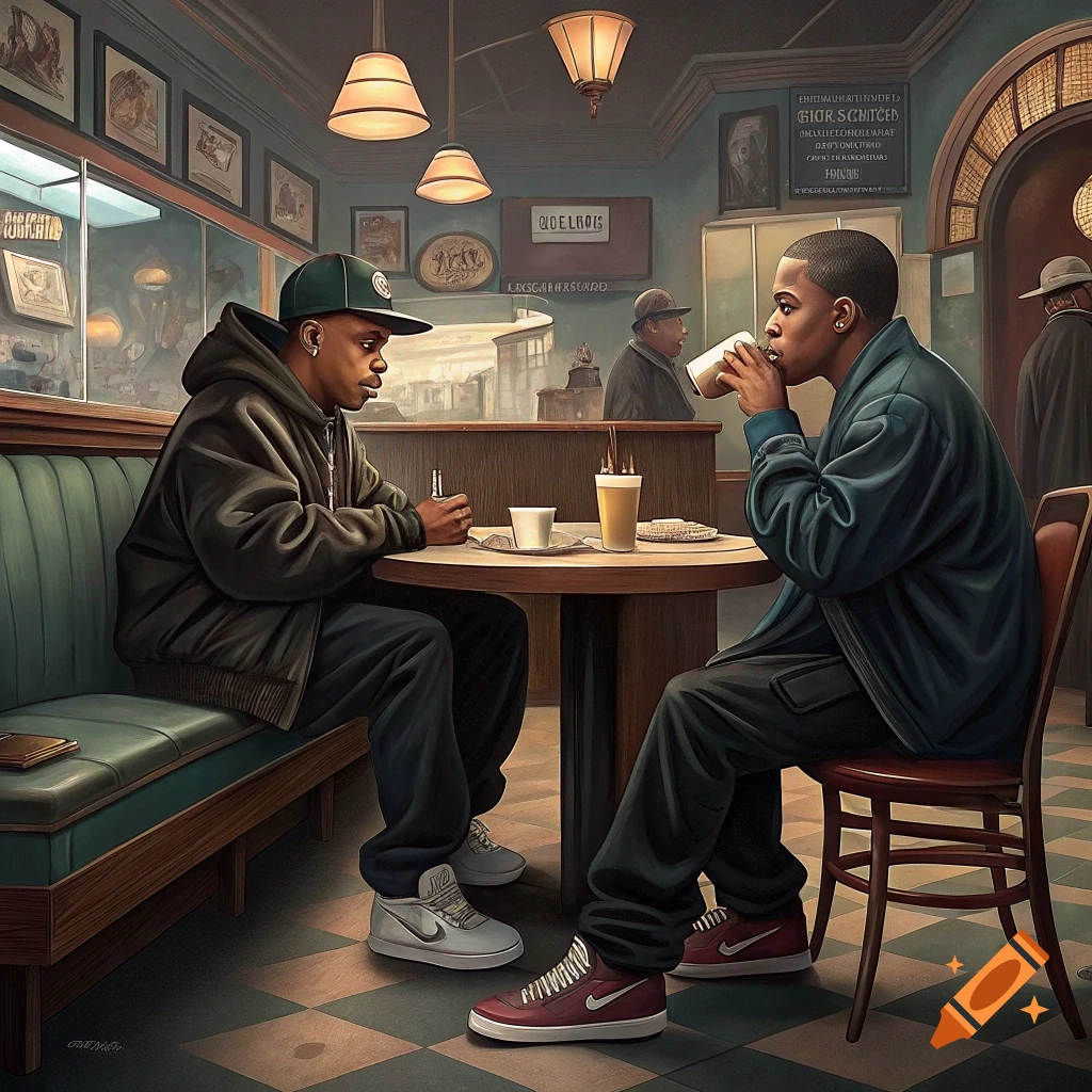 Illustration of two men sitting at a table in a cafe, one drinking from a cup, the other holding a bottle.