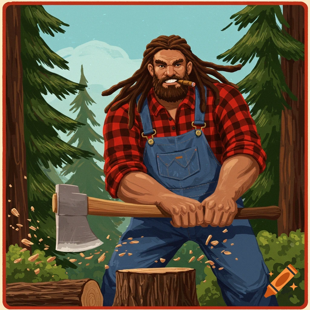 Stylized illustration of a lumberjack with dreadlocks chopping wood in a forest.