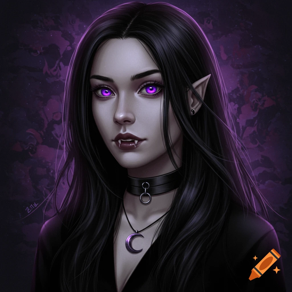 Digital illustration of a dark-haired vampire woman with glowing purple eyes, fangs, and a crescent moon necklace.