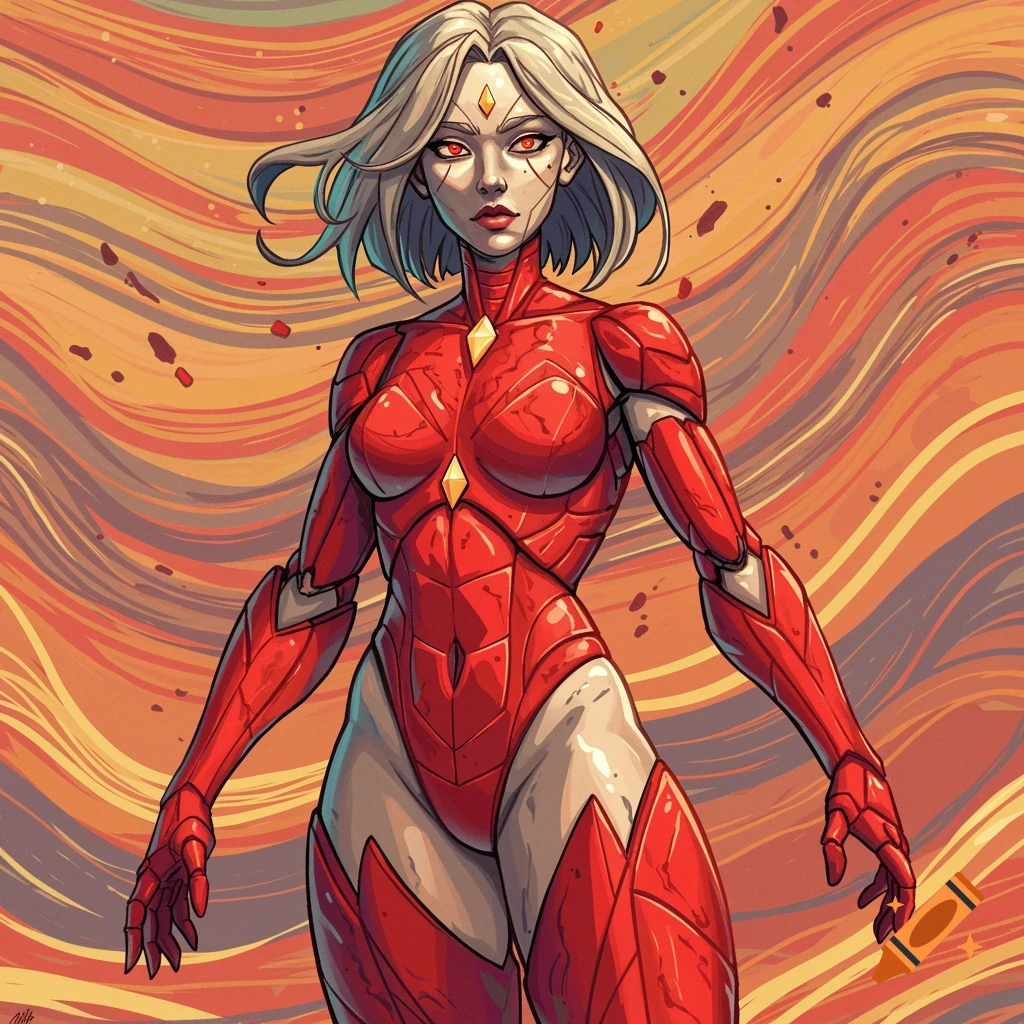 Illustrated female character in a red armored suit against a swirling orange and yellow background.