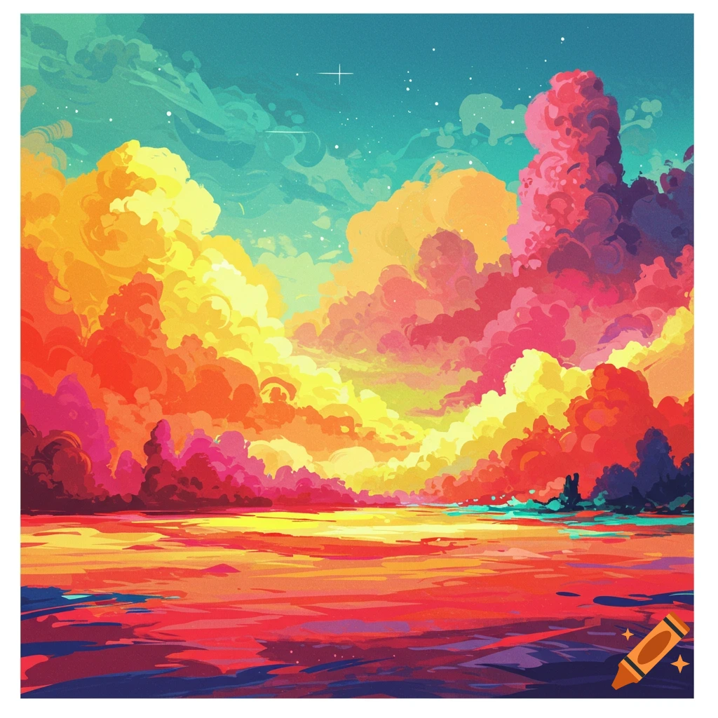 Vibrant abstract landscape with colorful clouds reflected in water