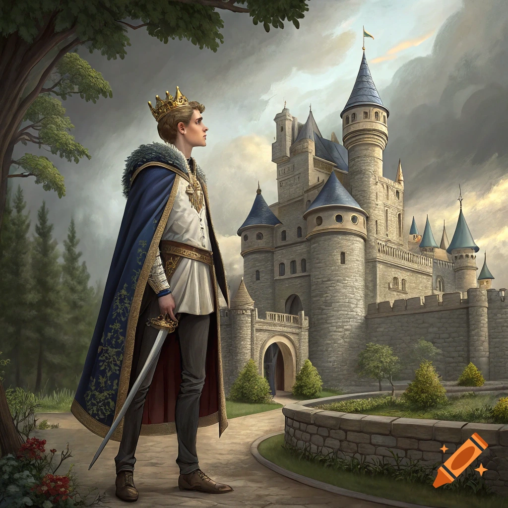 A young man in a crown and cape stands outside a large castle.