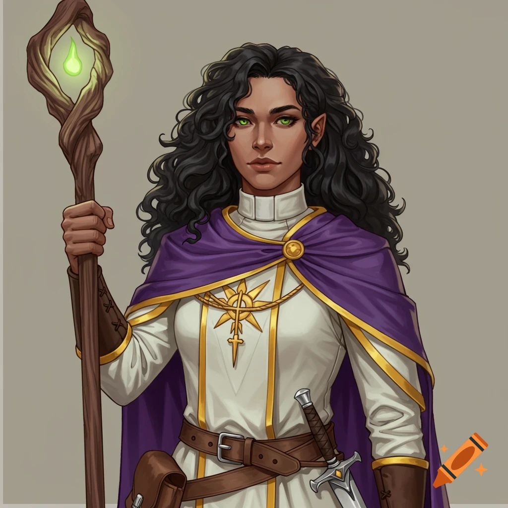 Fantasy portrait of a female cleric with curly black hair, green eyes, white robe, purple cape, staff, and sword.