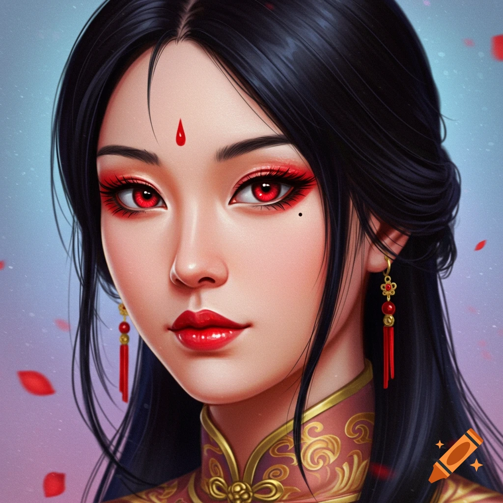 An Asian woman with striking red eyes and makeup is dressed in traditional gold and red clothing, surrounded by falling red petals.